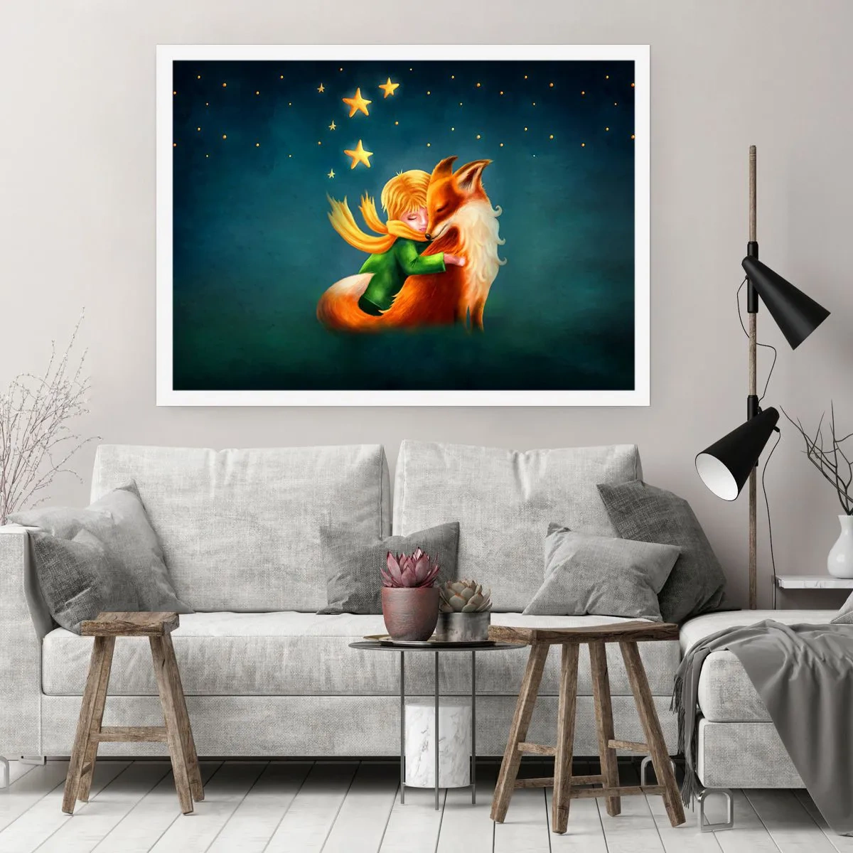 Póster - Un niño con un zorro en un entorno mágico con estrellas. - 100x70cm - El Principito - Decoración de pared moderna para salón y dormitorio ARTTOR