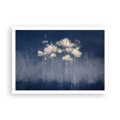 Póster - Delicadas flores sobre fondo azul. - 100x70cm - Como pétalos al viento - Decoración de pared moderna para salón y dormitorio ARTTOR