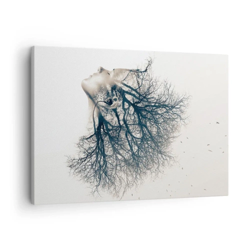 Cuadro sobre lienzo - Impresión de Imagen - Silueta creativa de una mujer y árboles. - 70x50cm - Escuchando el susurro de un árbol - Decoración de pared moderna para salón y dormitorio ARTTOR