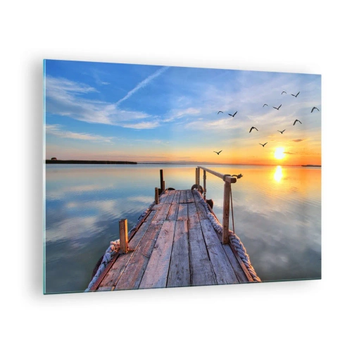 Cuadro sobre vidrio - Impresiones sobre Vidrio - Muelle de madera en el lago al atardecer - 70x50cm - Caminando hacia el sol - Decoración de pared moderna para salón y dormitorio ARTTOR