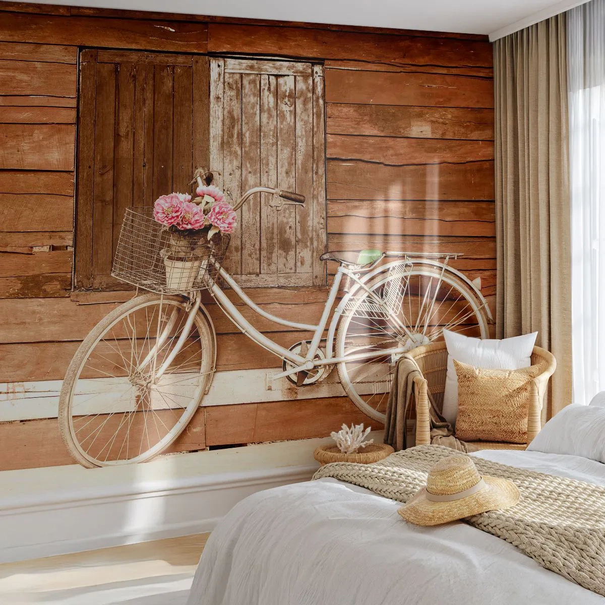 Fotomural Autadhesivo Deluxe Sticker - Ahora mismo vuelvo - Bicicleta, flores, Casa de madera - 500x350 cm