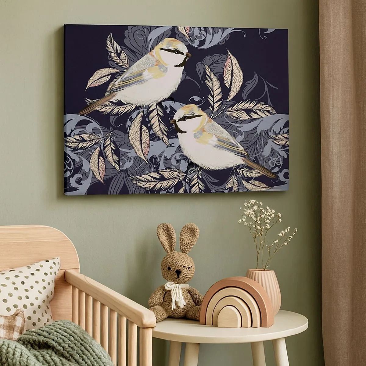 Cuadro sobre lienzo - Impresión de Imagen - Pájaros en ramas sobre un fondo ornamental. - 70x50cm - En la copa del árbol - Decoración de pared moderna para salón y dormitorio ARTTOR