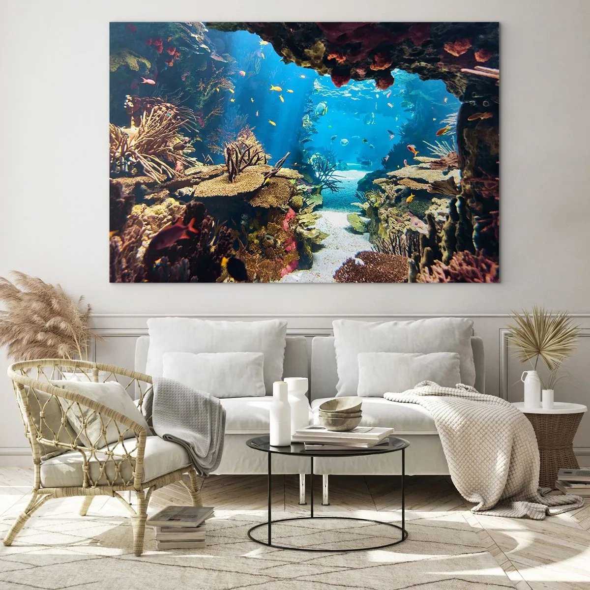 Cuadro sobre vidrio - Impresiones sobre Vidrio - Mundo submarino con arrecifes de coral y peces. - 100x70cm - Ni siquiera has soñado - Decoración de pared moderna para salón y dormitorio ARTTOR