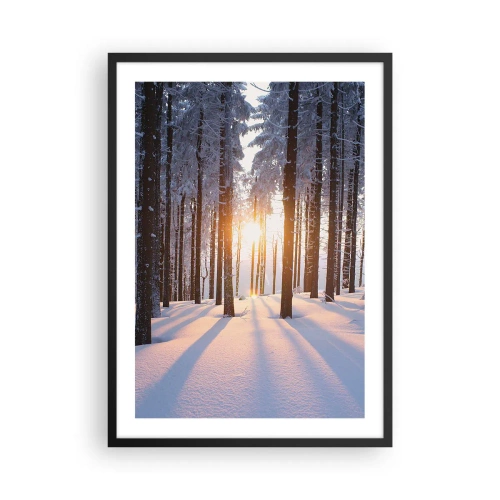 Póster en marco negro - Bosque invernal con rayos de sol brillando a través de los árboles. - 50x70cm - Claramente en blanco y negro - Decoración de pared moderna para salón y dormitorio ARTTOR