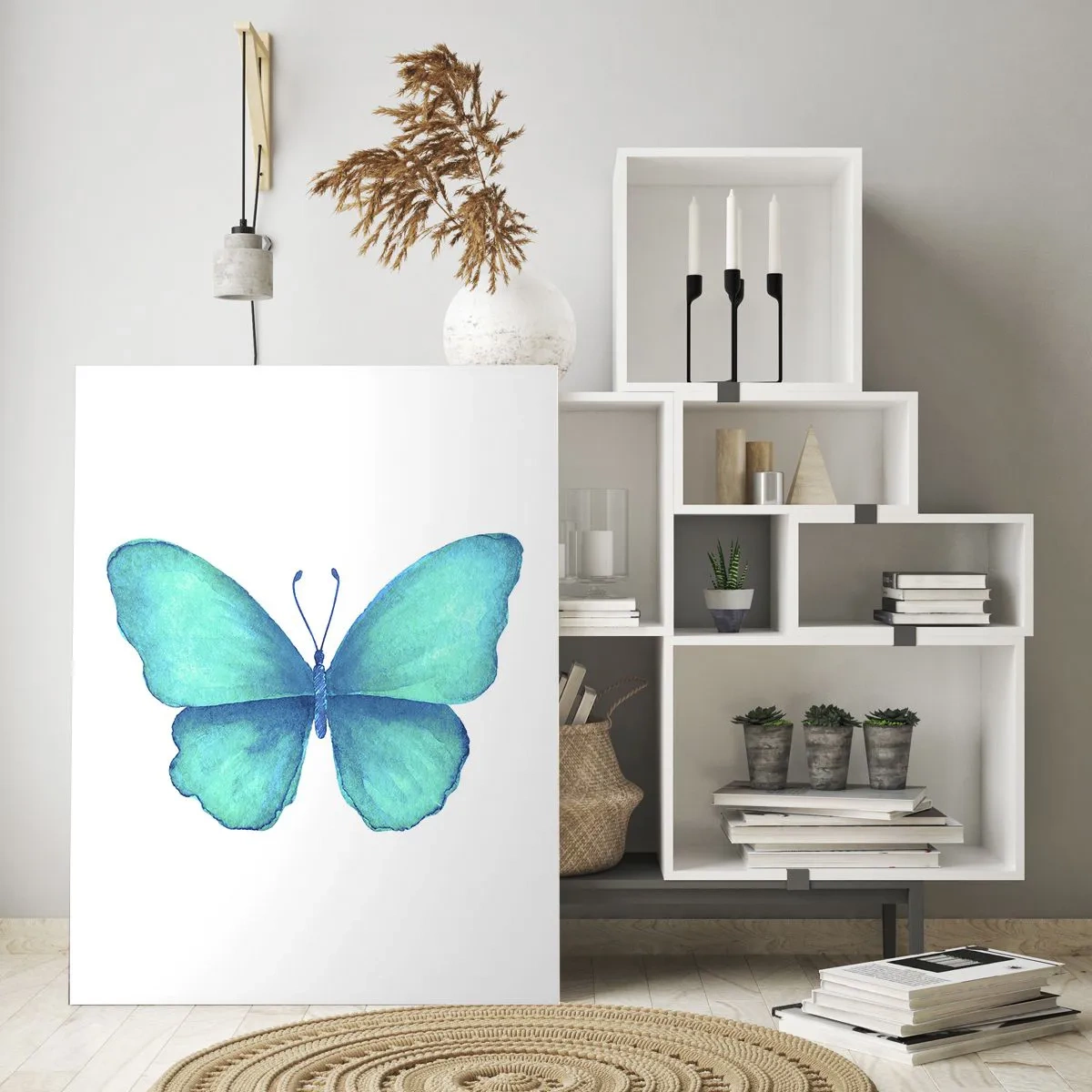 Cuadro sobre vidrio - Impresiones sobre Vidrio - Mariposa azul en estilo acuarela sobre fondo blanco - 70x100cm - Turquesa por naturaleza - Decoración de pared moderna para salón y dormitorio ARTTOR