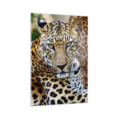 Cuadro sobre vidrio - Impresiones sobre Vidrio - Jaguar descansando en un entorno natural con fondo verde. - 70x100cm - Salvaje y tranquilo - Decoración de pared moderna para salón y dormitorio ARTTOR