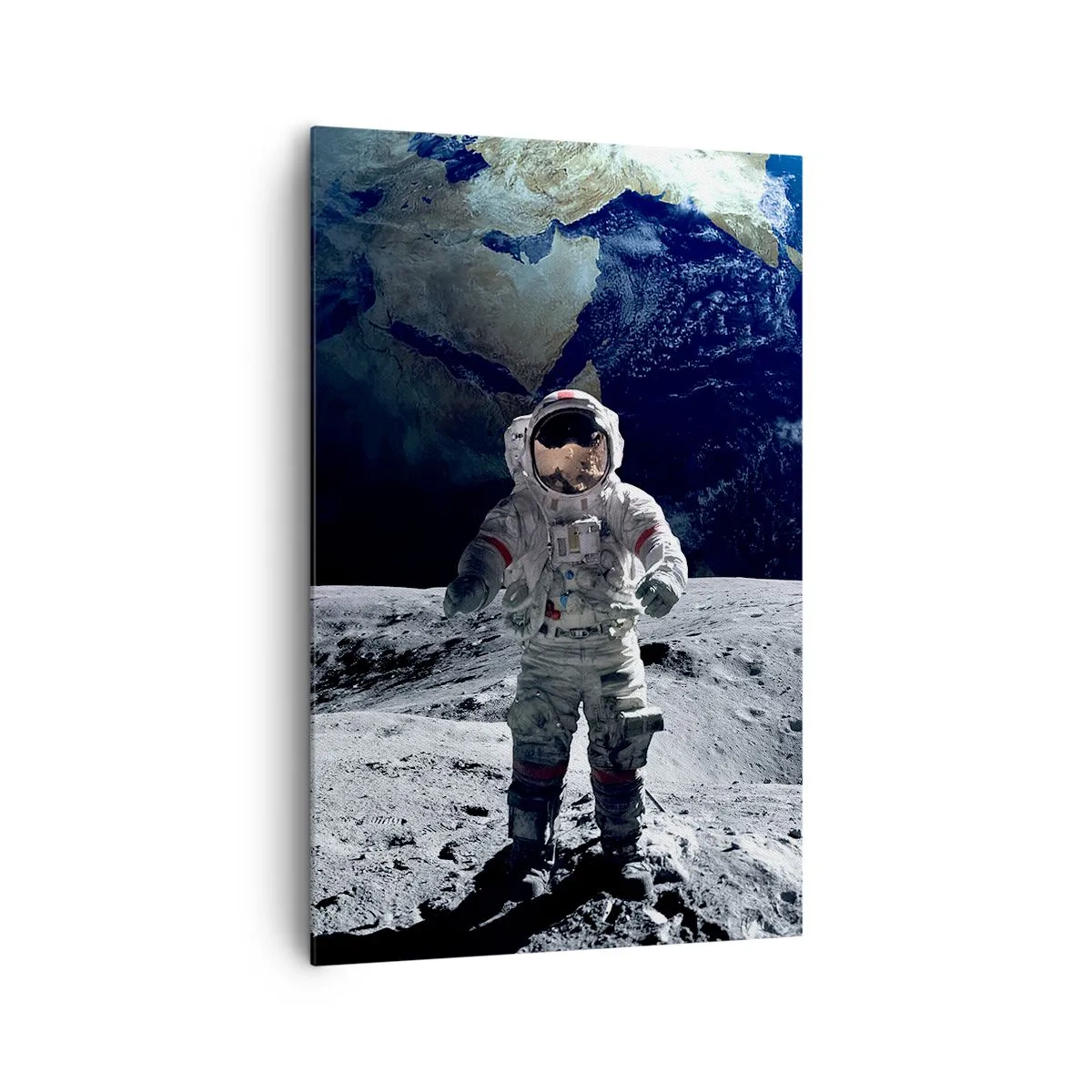 Cuadro sobre lienzo - Impresión de Imagen - Astronauta en la superficie de la Luna con la Tierra al fondo - 80x120cm - Saludos desde la Luna - Decoración de pared moderna para salón y dormitorio ARTTOR