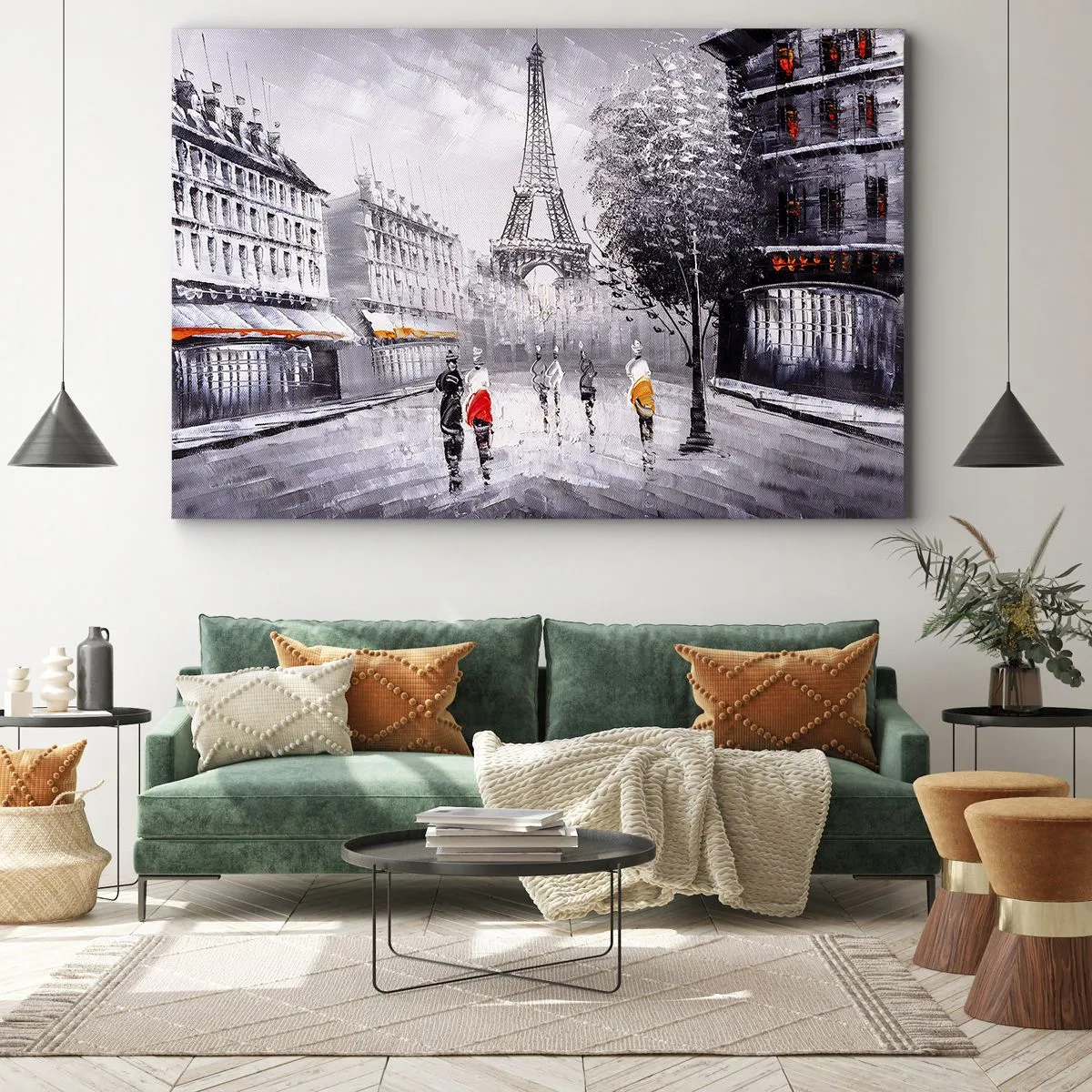 Cuadro sobre lienzo - Impresión de Imagen - Una vista de la Torre Eiffel en un entorno monocromático con acentos de color. - 70x50cm - Un paseo parisino - Decoración de pared moderna para salón y dormitorio ARTTOR