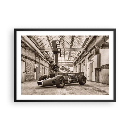 Póster en marco negro - Coche de carreras en blanco y negro en un interior industrial. - 70x50cm - El descanso del vencedor - Decoración de pared moderna para salón y dormitorio ARTTOR