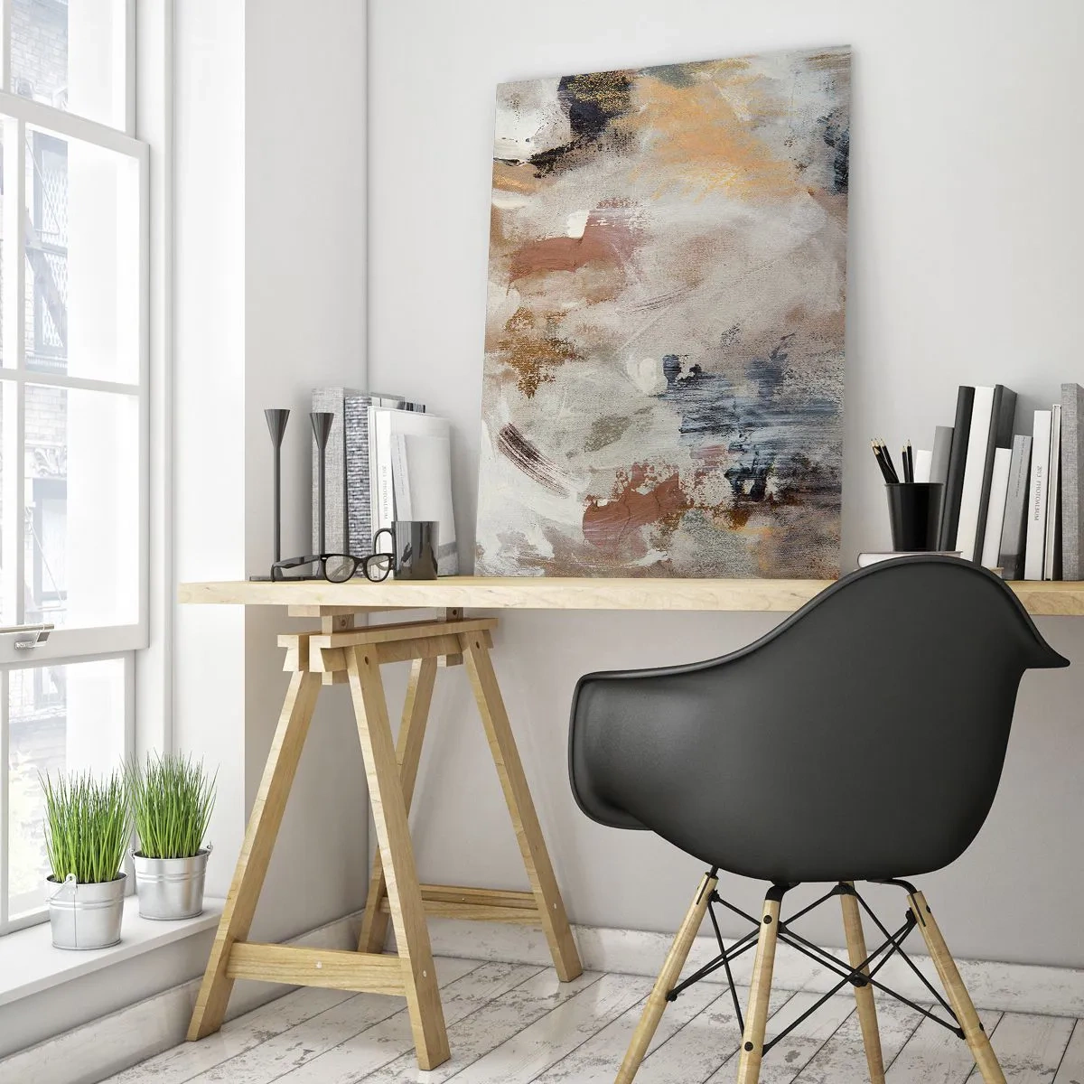 Cuadro sobre vidrio - Impresiones sobre Vidrio - Manchas abstractas en tonos apagados de beige y dorado. - 70x100cm - Abstracción brumosa - Decoración de pared moderna para salón y dormitorio ARTTOR