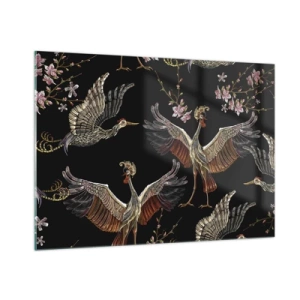 Cuadro sobre vidrio - Impresiones sobre Vidrio - Pájaros en vuelo con flores sobre fondo negro, estilo retro. - 100x70cm - Aves de cuento de hadas - Decoración de pared moderna para salón y dormitorio ARTTOR