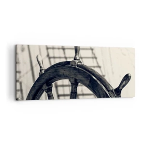 Cuadro sobre lienzo - Impresión de Imagen - Un timón de vela de estilo retro con un barco al fondo. - 120x50cm - Un cuento marino - Decoración de pared moderna para salón y dormitorio ARTTOR