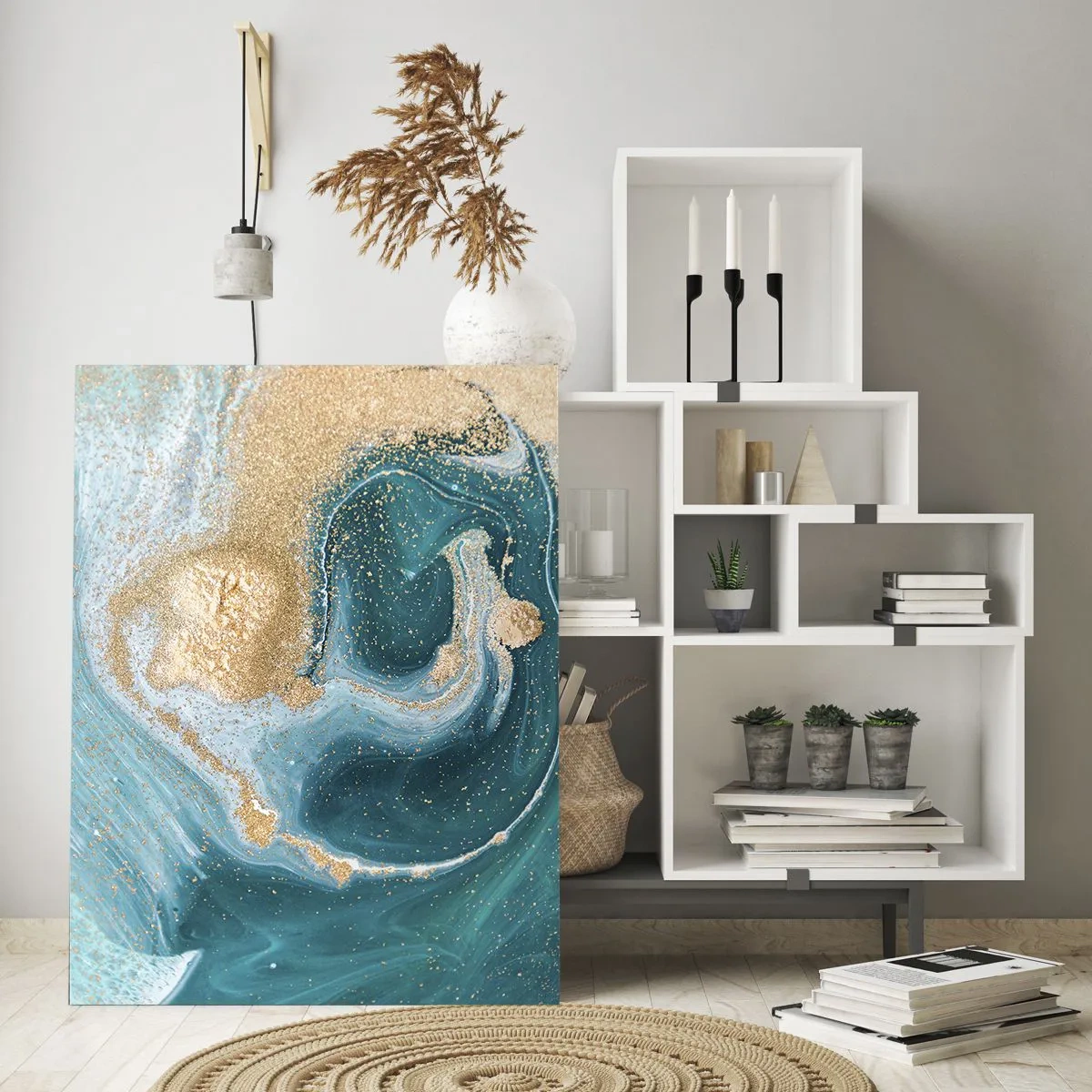 Cuadro sobre vidrio - Impresiones sobre Vidrio - Remolino abstracto en tonos turquesa y dorado - 70x100cm - Un remolino de oro y turquesa - Decoración de pared moderna para salón y dormitorio ARTTOR