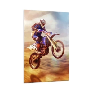 Cuadro sobre vidrio - Impresiones sobre Vidrio - Un motociclista en vuelo durante un dinámico recorrido todoterreno. - 80x120cm - Vértigo sobre dos ruedas - Decoración de pared moderna para salón y dormitorio ARTTOR