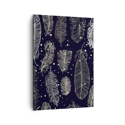 Cuadro sobre lienzo - Impresión de Imagen - Delicadas plumas blancas sobre un fondo azul marino. - 50x70cm - Encaje de plumas - Decoración de pared moderna para salón y dormitorio ARTTOR