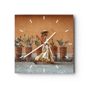Reloj de pared - Reloj de vidrio - Una mujer en estilo boho con macetas de cactus al fondo. - 30x30cm - Estilo hippie - Decoración de pared moderna para salón y dormitorio ARTTOR