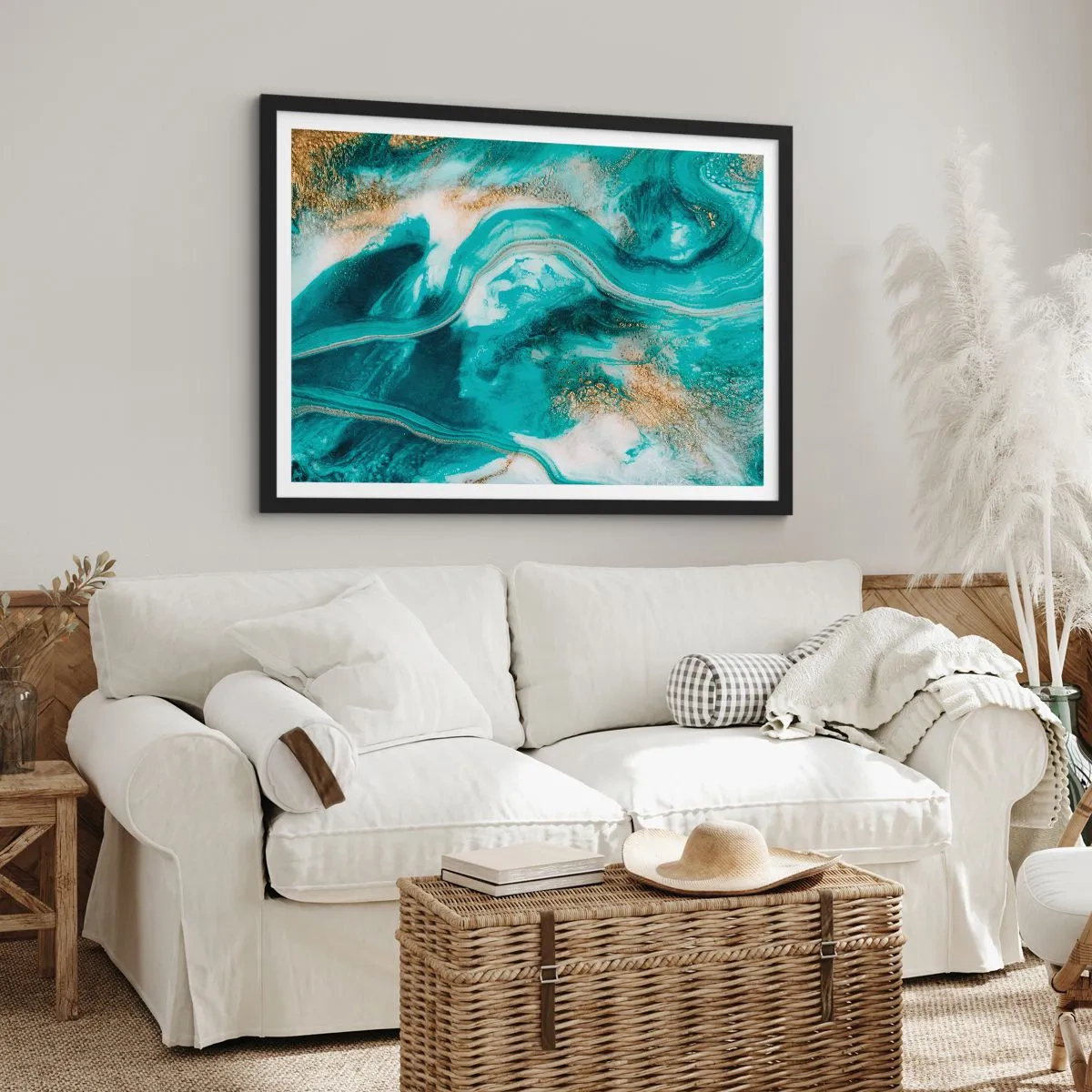 Póster en marco negro - Abstracción turquesa con acentos blancos y dorados. - 70x50cm - Río de oro - Decoración de pared moderna para salón y dormitorio ARTTOR