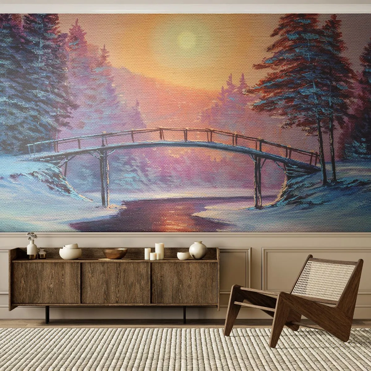 Fotomural Standard Eco - Las cuatro estaciones: el invierno - Paisaje, Río, Puente - 200x140 cm