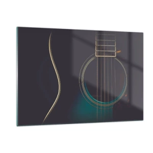 Cuadro sobre vidrio - Impresiones sobre Vidrio - Primer plano de una guitarra acústica negra con detalle de cuerdas. - 120x80cm - Un momento antes de que suene - Decoración de pared moderna para salón y dormitorio ARTTOR