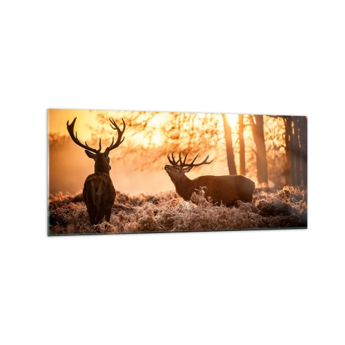 Cuadro sobre vidrio - Impresiones sobre Vidrio - Dos ciervos al atardecer en un paisaje invernal. - 120x50cm - El sueño de un cazador - Decoración de pared moderna para salón y dormitorio ARTTOR
