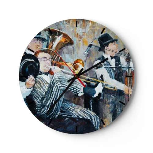 Reloj de pared - Reloj de vidrio - Una banda de jazz desde una perspectiva artística - 30x30cm - Todo ese jazz - Decoración de pared moderna para salón, cocina y dormitorio ARTTOR