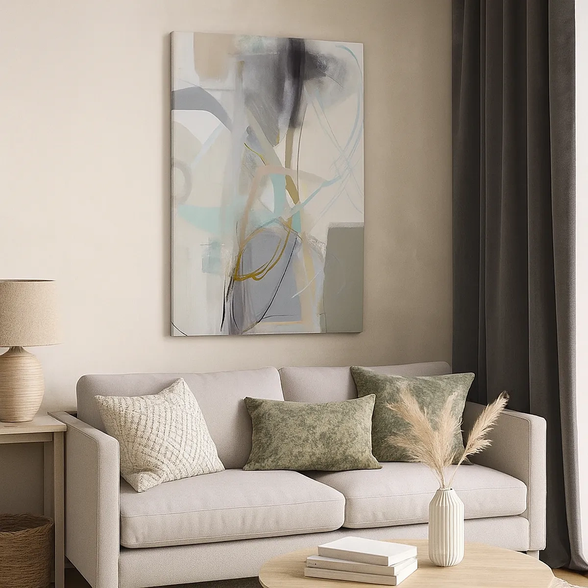 Cuadro sobre lienzo - Impresión de Imagen - Abstracción pastel con líneas delicadas. - 50x70cm - Abstracción brumosa - Decoración de pared moderna para salón y dormitorio ARTTOR