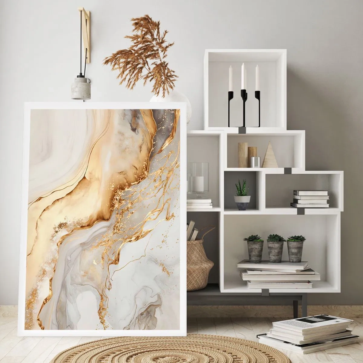 Póster - Composición abstracta de mármol dorado y blanco - 50x70cm - Abstracción: belleza y bondad - Decoración de pared moderna para salón y dormitorio ARTTOR