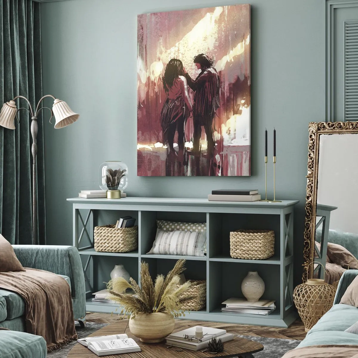 Cuadro sobre lienzo - Impresión de Imagen - Una pareja de pie bajo una luz cálida contra un fondo de patrones abstractos. - 50x70cm - El eterno espectáculo del amor - Decoración de pared moderna para salón y dormitorio ARTTOR