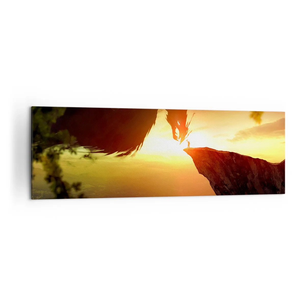 Cuadro sobre lienzo - Impresión de Imagen - Un dragón y un hombre en una roca bajo el resplandor del sol poniente. - 160x50cm - Cazador de dragones - Decoración de pared moderna para salón y dormitorio ARTTOR