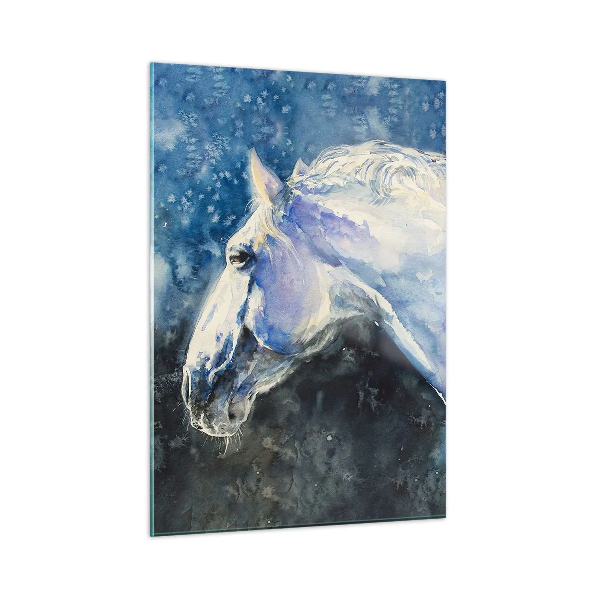 Cuadro sobre vidrio - Impresiones sobre Vidrio - Retrato en acuarela de un caballo en tonos azules. - 50x70cm - Retrato en un resplandor azul - Decoración de pared moderna para salón y dormitorio ARTTOR