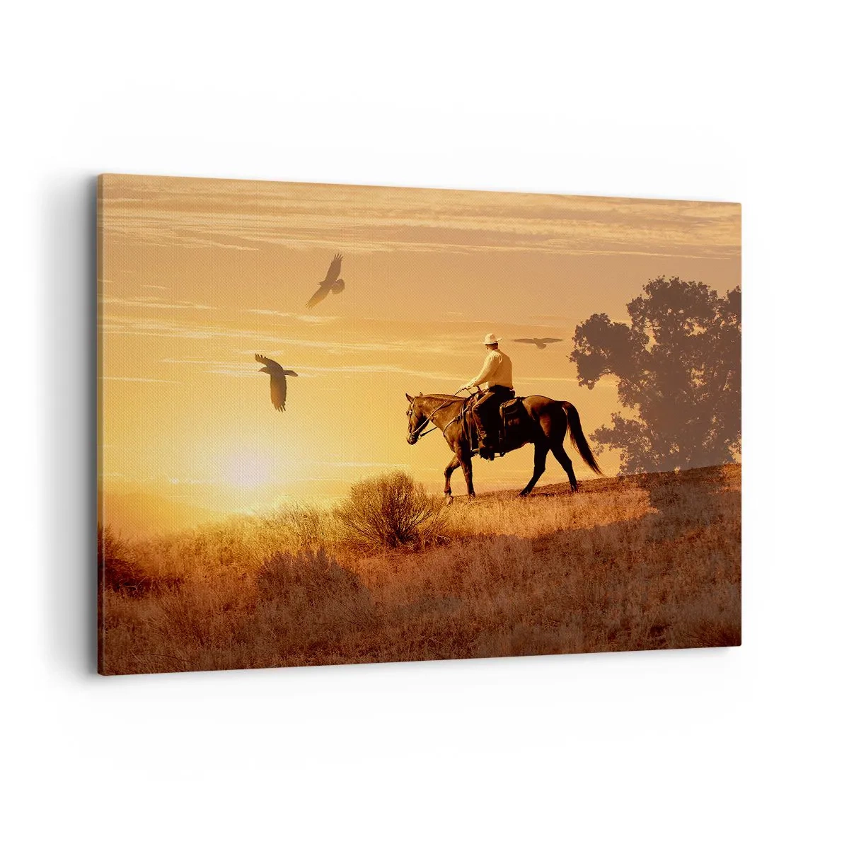 Cuadro sobre lienzo - Impresión de Imagen - Un jinete a caballo al atardecer contra la pradera. - 100x70cm - Solo a través de la pradera - Decoración de pared moderna para salón y dormitorio ARTTOR
