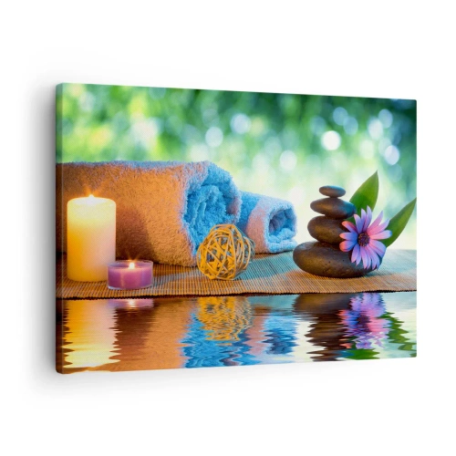 Cuadro sobre lienzo - Impresión de Imagen - Set de SPA relajante con toallas, velas y piedras - 70x50cm - Tiempo para el cuerpo - Decoración de pared moderna para salón y dormitorio ARTTOR