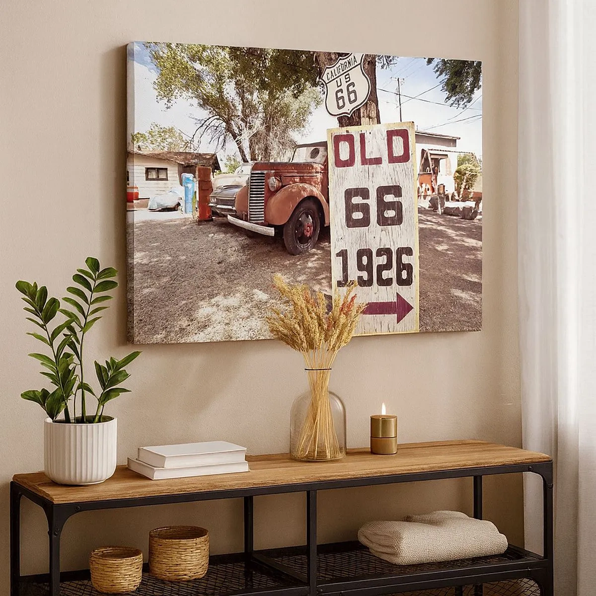 Cuadro sobre lienzo - Impresión de Imagen - Coche retro y cartel de la Ruta 66 en un entorno rústico - 70x50cm - Una leyenda de la América profunda - Decoración de pared moderna para salón y dormitorio ARTTOR
