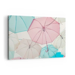 Cuadro sobre lienzo - Impresión de Imagen - Paraguas pastel contra un cielo brillante - 120x80cm - A veces el sol, a veces la lluvia - Decoración de pared moderna para salón y dormitorio ARTTOR