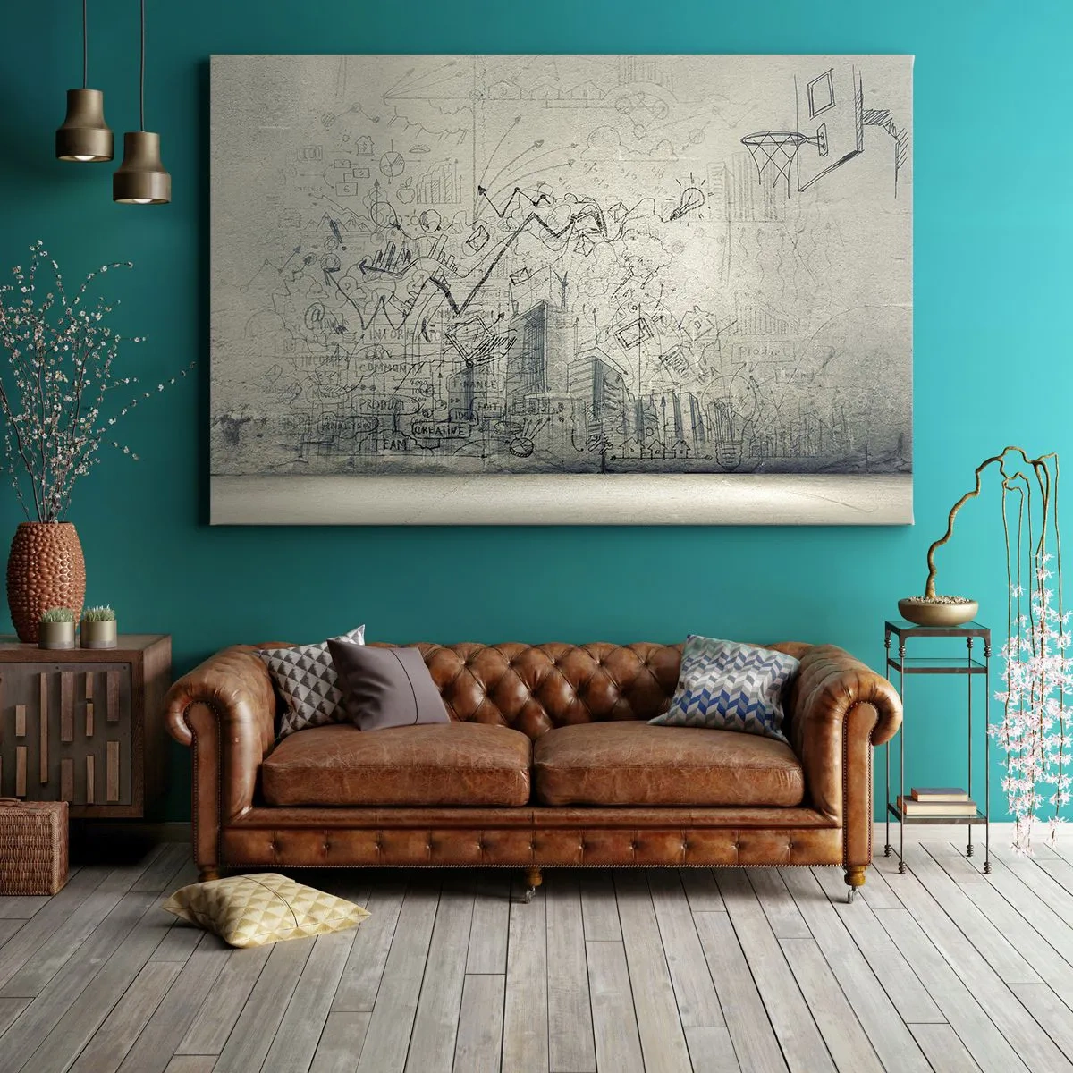 Cuadro sobre lienzo - Impresión de Imagen - Dibujos y diagramas sobre el fondo de una pared en bruto. - 120x80cm - Mi gloriosa vida en la ciudad - Decoración de pared moderna para salón y dormitorio ARTTOR