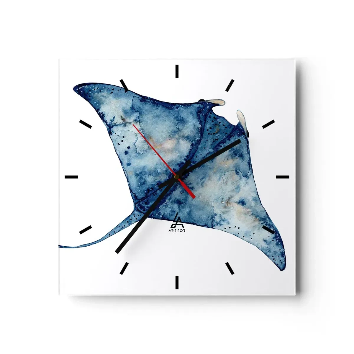 Reloj de pared - Reloj de vidrio - Raya azul en estilo acuarela sobre fondo blanco - 30x30cm - La vida en azul - Decoración de pared moderna para salón y dormitorio ARTTOR