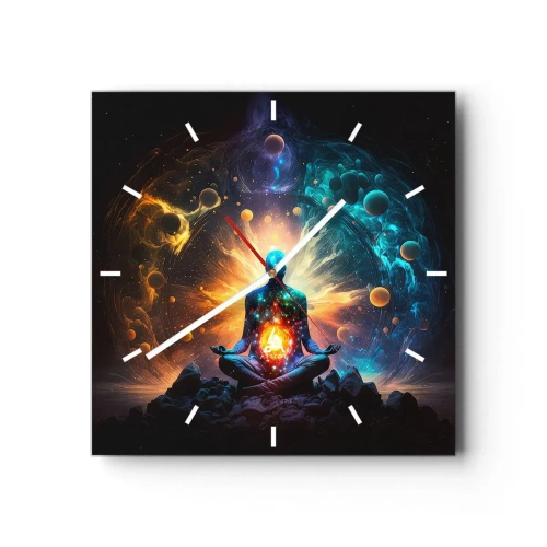 Reloj de pared - Reloj de vidrio - Una figura en meditación rodeada de un aura cósmica. - 30x30cm - Tranquilidad cósmica - Decoración de pared moderna para salón y dormitorio ARTTOR