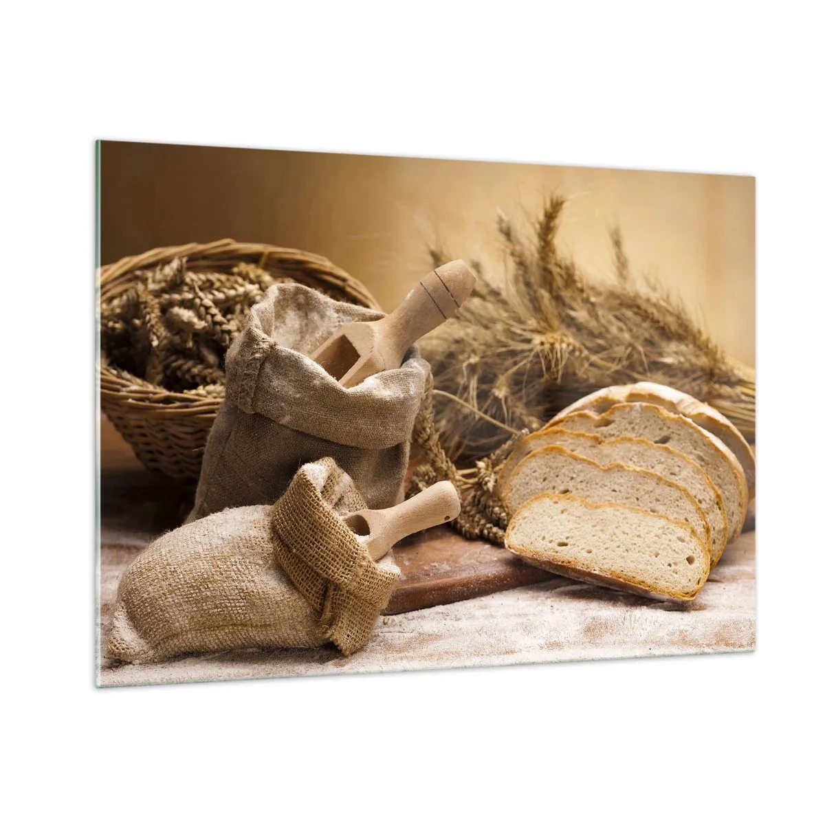 Cuadro sobre vidrio - Impresiones sobre Vidrio - Pan, harina y espigas de trigo al estilo rústico - 100x70cm - Corte perfecto - Decoración de pared moderna para salón y dormitorio ARTTOR