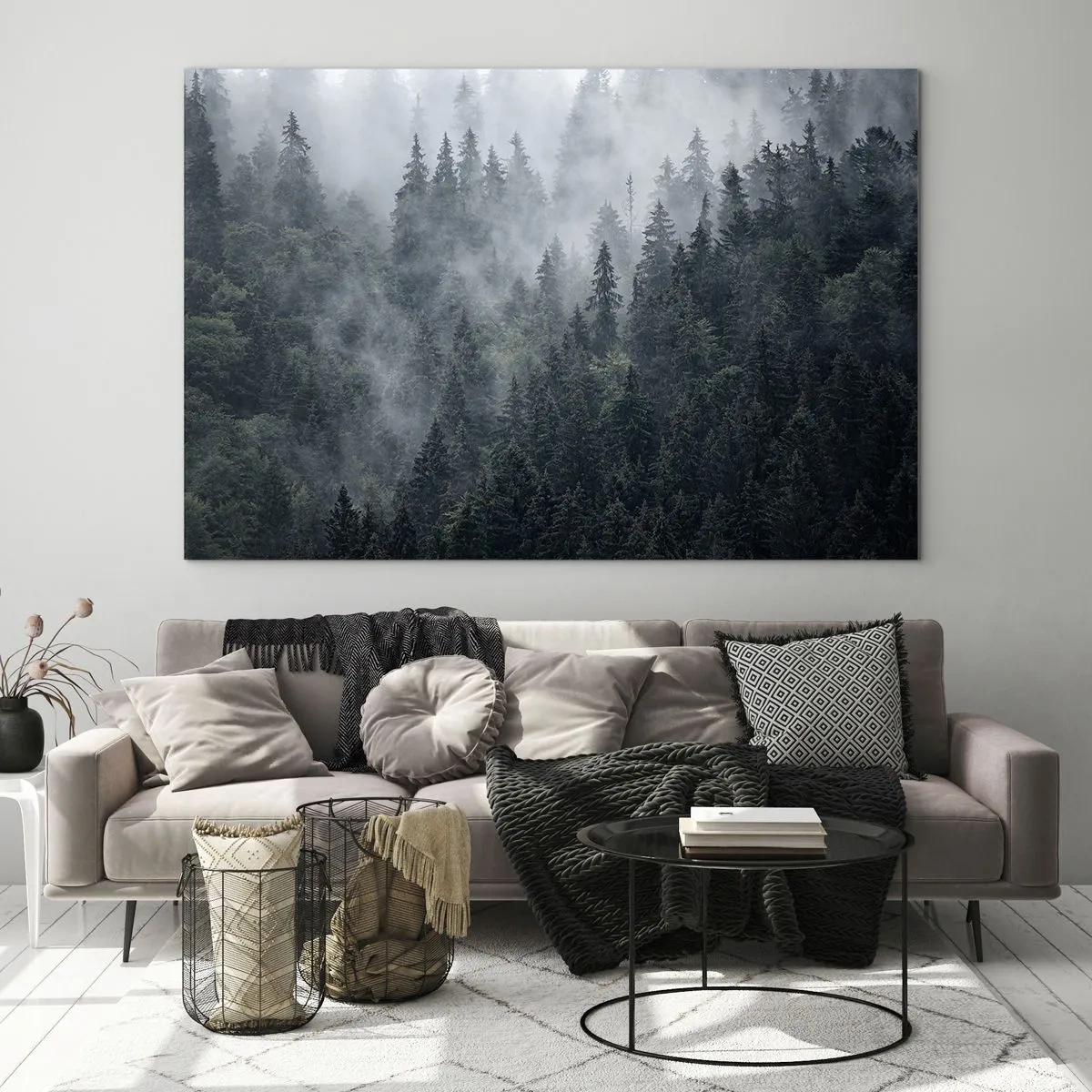Cuadro sobre vidrio - Impresiones sobre Vidrio - Niebla que se cierne sobre el denso bosque de coníferas por la mañana. - 100x70cm - Amanecer en el bosque - Decoración de pared moderna para salón y dormitorio ARTTOR