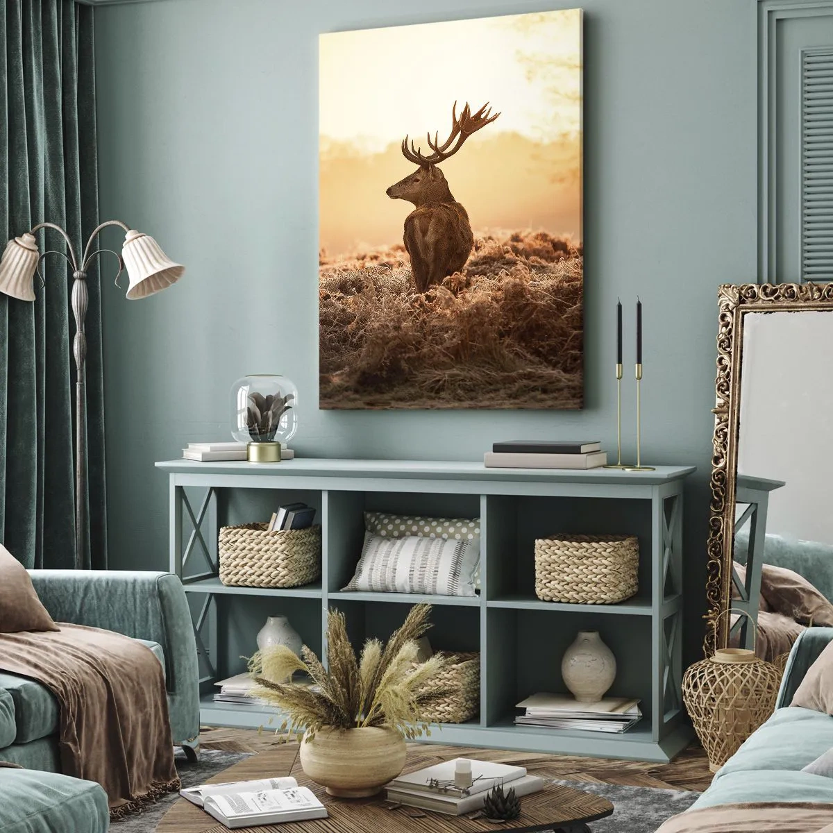 Cuadro sobre lienzo - Impresión de Imagen - Ciervos bajo los rayos del sol naciente - 50x70cm - Un líder por derecho - Decoración de pared moderna para salón y dormitorio ARTTOR