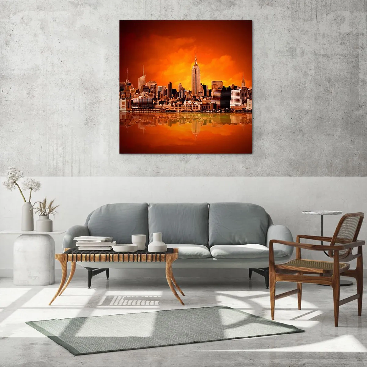 Cuadro sobre vidrio - Impresiones sobre Vidrio - Un panorama de la ciudad en amarillo y marrón - 30x30 cm