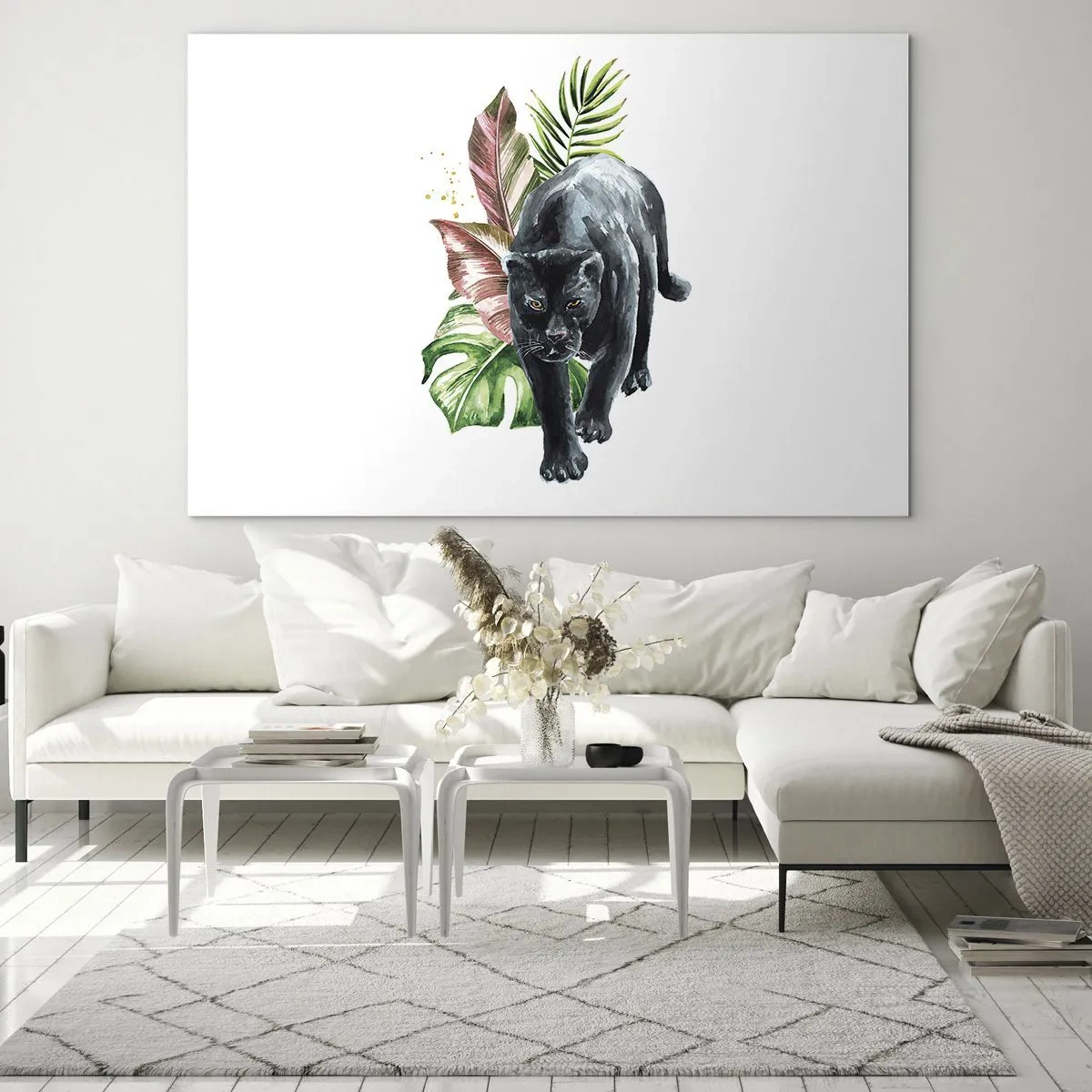 Cuadro sobre vidrio - Impresiones sobre Vidrio - Pantera negra sobre un fondo de hojas tropicales en estilo acuarela - 70x50cm - Salvaje de corazón - Decoración de pared moderna para salón y dormitorio ARTTOR