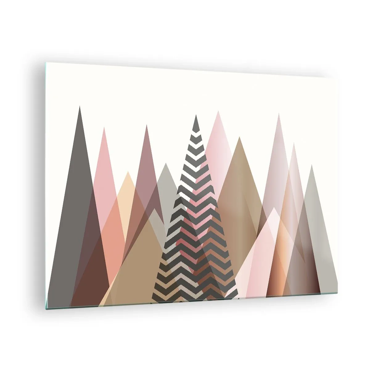 Cuadro sobre vidrio - Impresiones sobre Vidrio - Montañas geométricas pastel con un patrón central - 70x50cm - Una visión piramidal - Decoración de pared moderna para salón y dormitorio ARTTOR