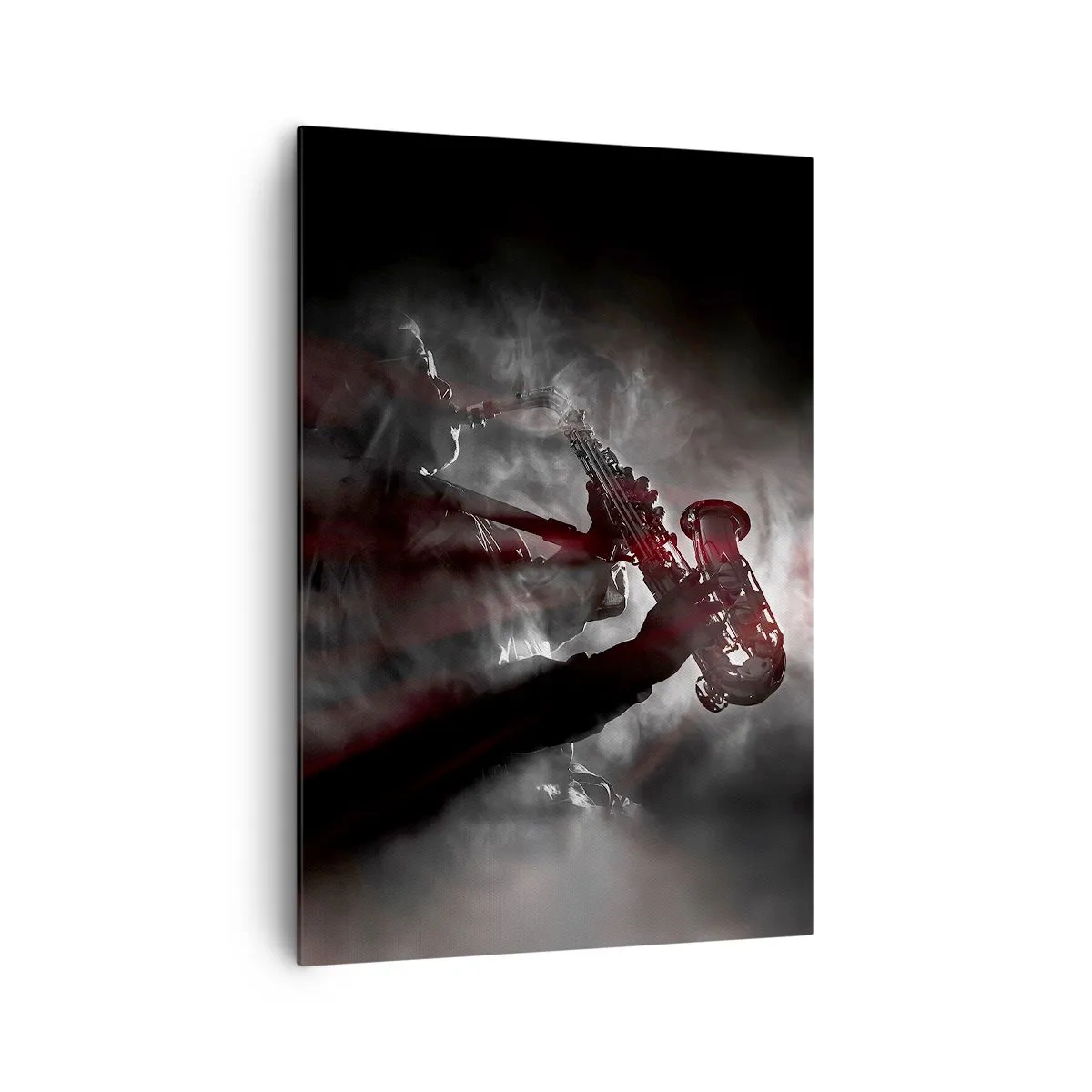 Cuadro sobre lienzo - Impresión de Imagen - Saxofonista en humo en el escenario en negro y rojo atmosférico - 70x100cm - En el vapor del jazz - Decoración de pared moderna para salón y dormitorio ARTTOR