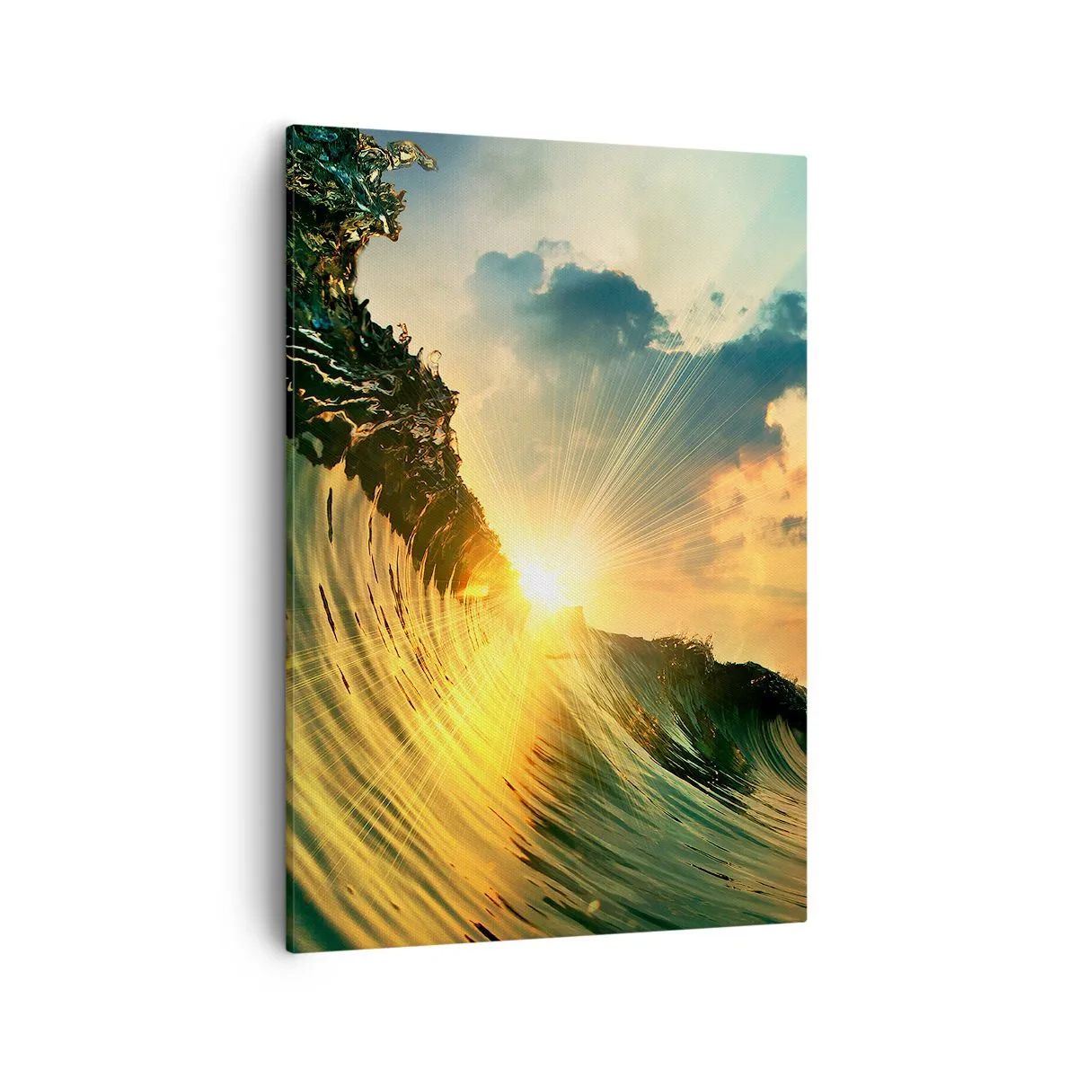 Cuadro sobre lienzo - Impresión de Imagen - Una ola con el sol poniente y nubes iluminadas. - 50x70cm - Surfer, ¿dónde estás? - Decoración de pared moderna para salón y dormitorio ARTTOR