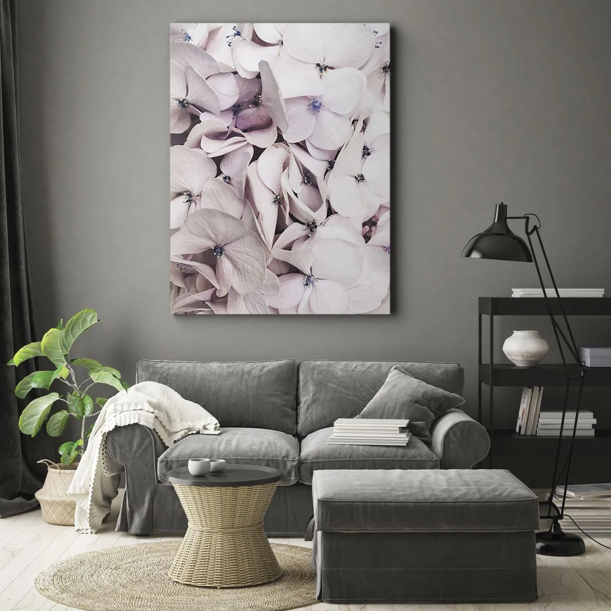 Cuadro sobre lienzo - Impresión de Imagen - Delicadas hortensias blancas en tonos pastel. - 50x70cm - En un torrente de flores - Decoración de pared moderna para salón y dormitorio ARTTOR