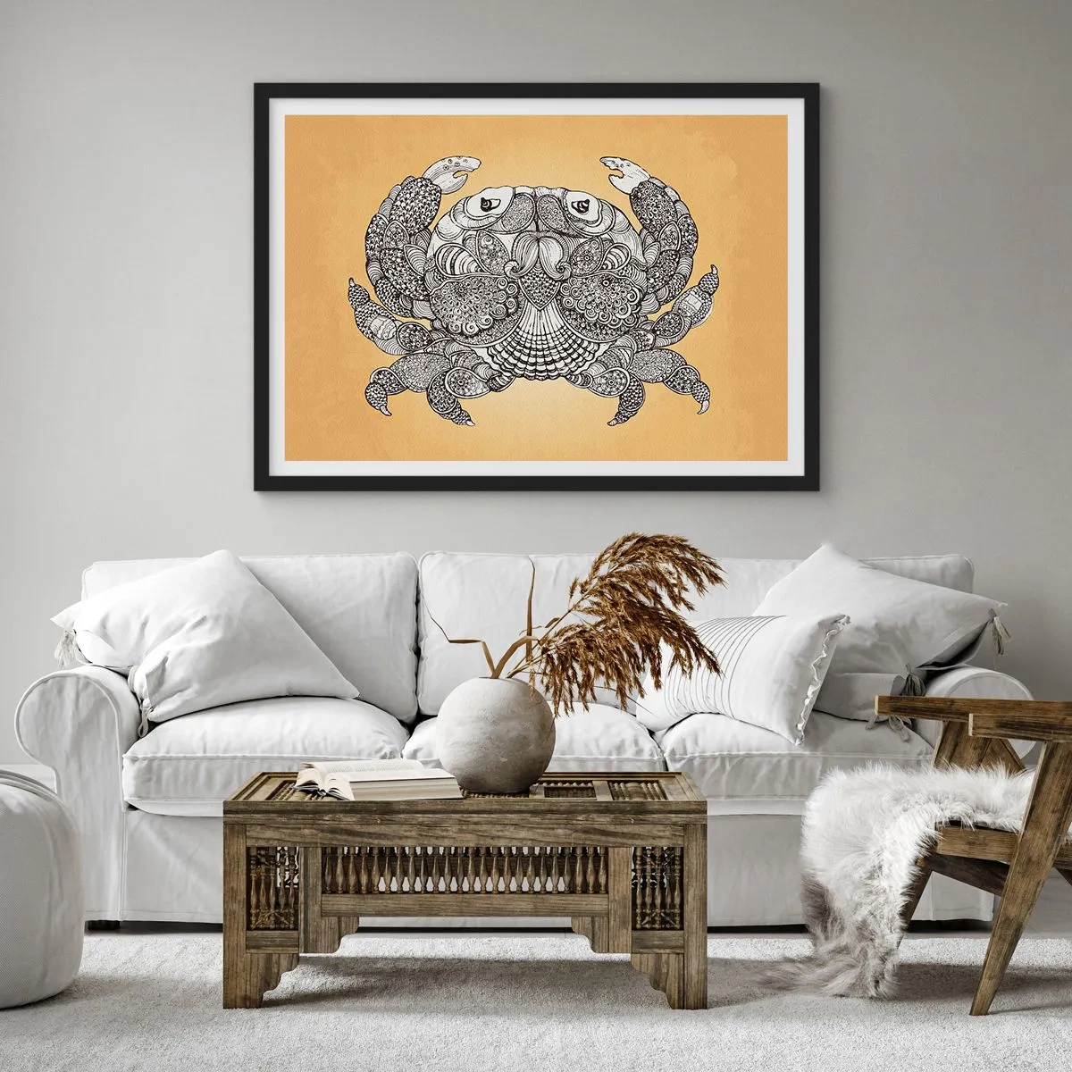 Póster en marco negro - Dibujo decorativo de un cangrejo sobre fondo dorado. - 70x50cm - Cuentos del Sr. Cangrejo - Decoración de pared moderna para salón y dormitorio ARTTOR