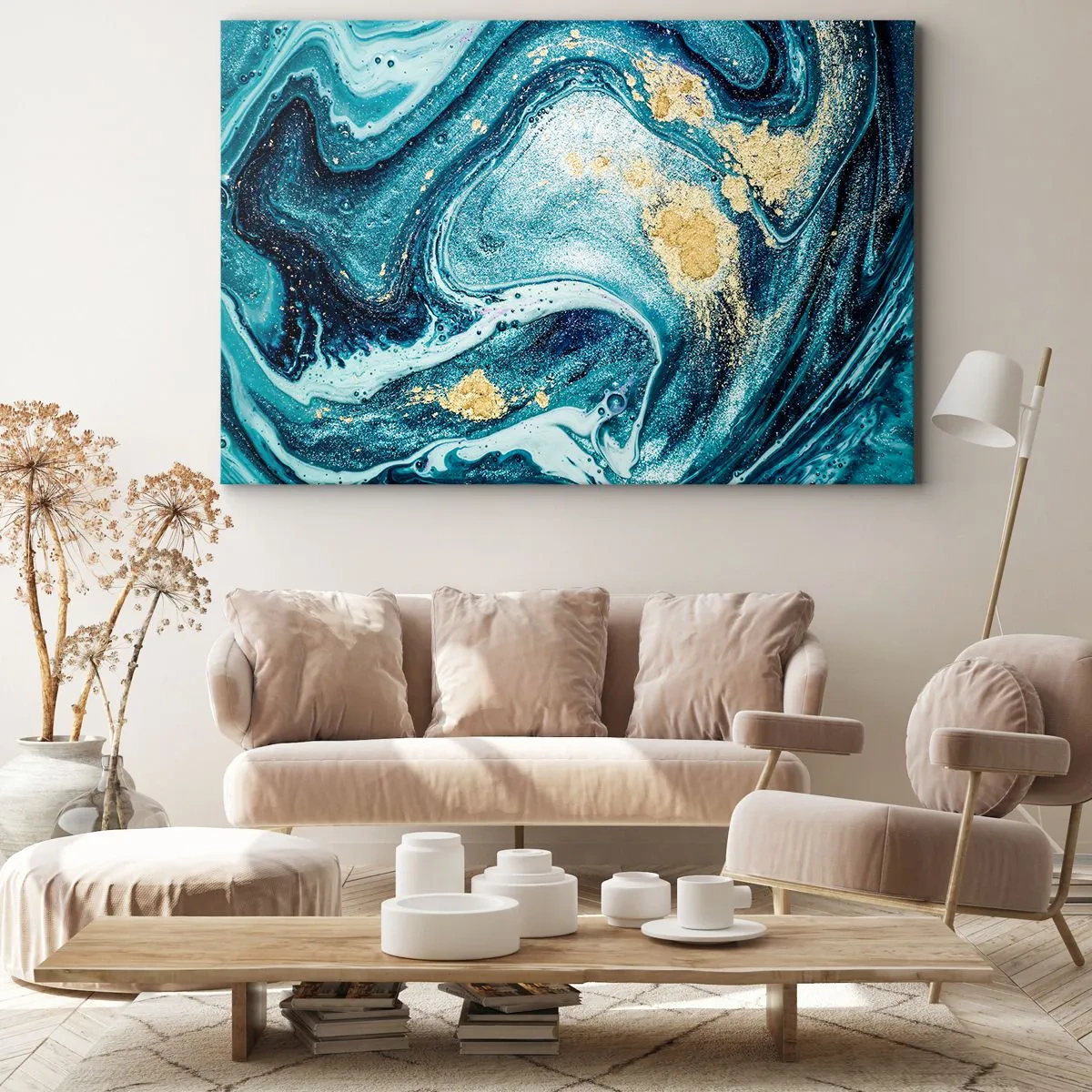 Cuadro sobre lienzo - Impresión de Imagen - Una composición abstracta de ondas y acentos dorados. - 120x80cm - Vórtice azul - Decoración de pared moderna para salón y dormitorio ARTTOR