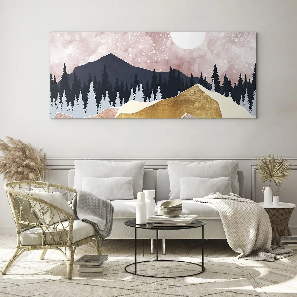 Cuadro sobre vidrio - Impresiones sobre Vidrio - Montañas coloridas contra un cielo rosado con una luna - 140x50cm - Vigilancia nocturna - Decoración de pared moderna para salón y dormitorio ARTTOR