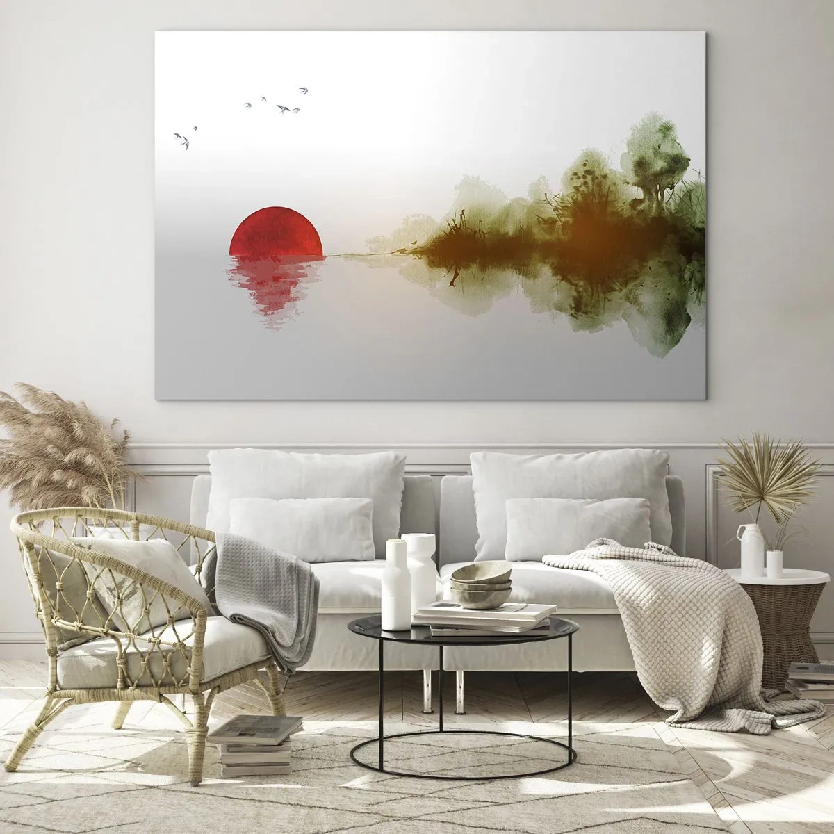 Cuadro sobre vidrio - Impresiones sobre Vidrio - Sol rojo sobre el agua y el contorno del bosque. - 70x50cm - Una promesa de paz - Decoración de pared moderna para salón y dormitorio ARTTOR